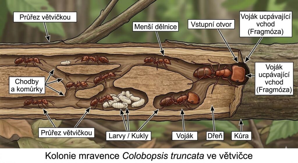 Colobopsis truncata ve větvičce